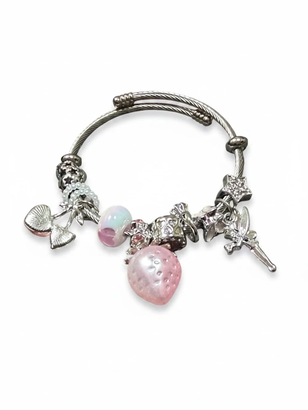Silver Twist Bangle Charm Bracelet with Pink Strawberry and Pastel Beads